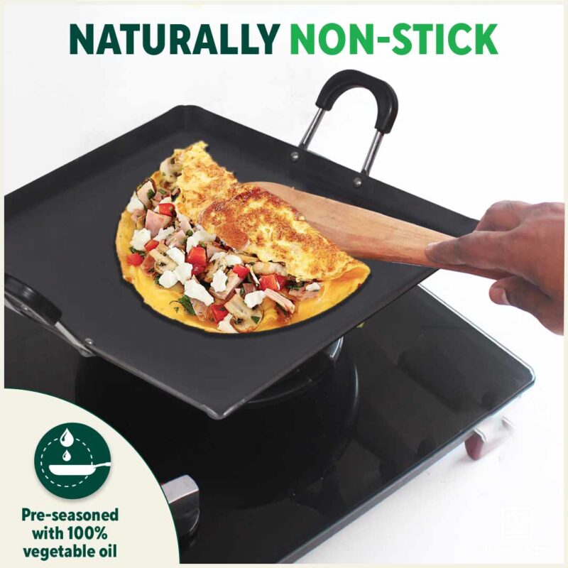 100% Pure Sheet Iron Tawa, Square, Cool Bakelite Handle, Seasoned, Toxin-free, Induction, 29.5cm, 1.88kg - Image 7