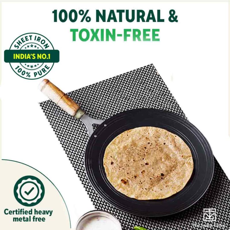 100% Pure Sheet Iron Tawa, Concave, Toxin-free, Seasoned, Wooden Handle, 25.5cm, 0.9kg - Image 5
