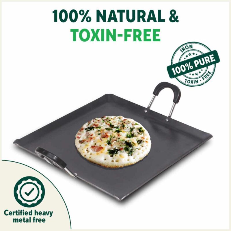 100% Pure Sheet Iron Tawa, Square, Cool Bakelite Handle, Seasoned, Toxin-free, Induction, 29.5cm, 1.88kg - Image 4