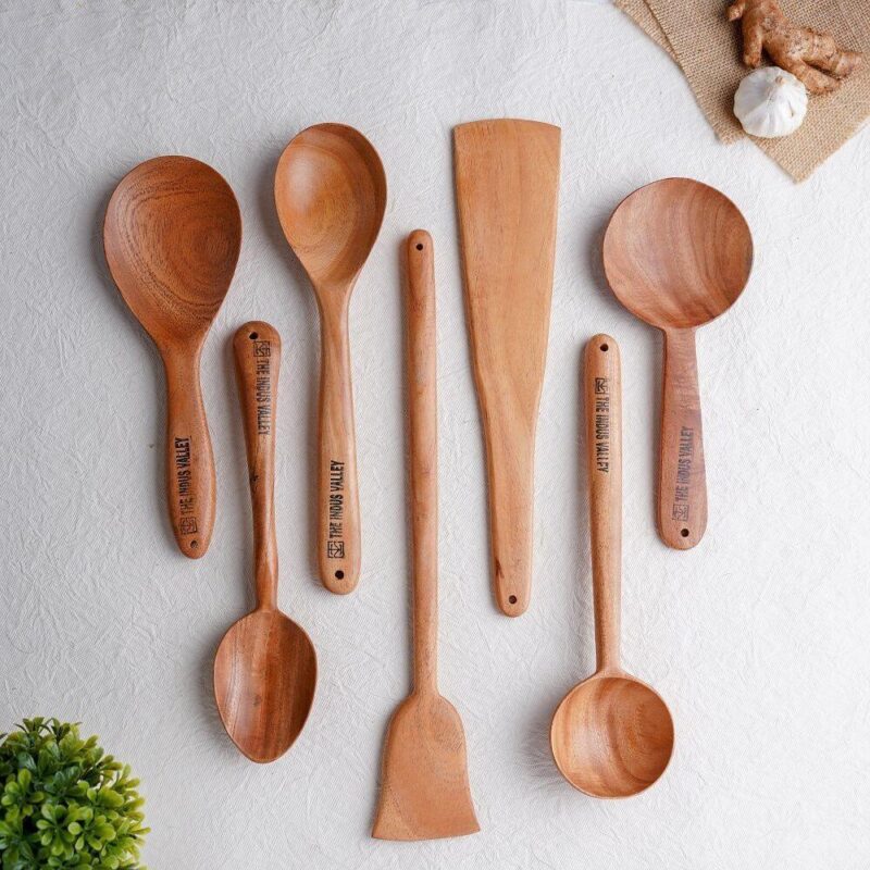 100% Natural Neem Wood Cooking & Serving Spoons/Spatula/Ladles, Set of 7, Toxin-free, Anti-microbial - Image 10