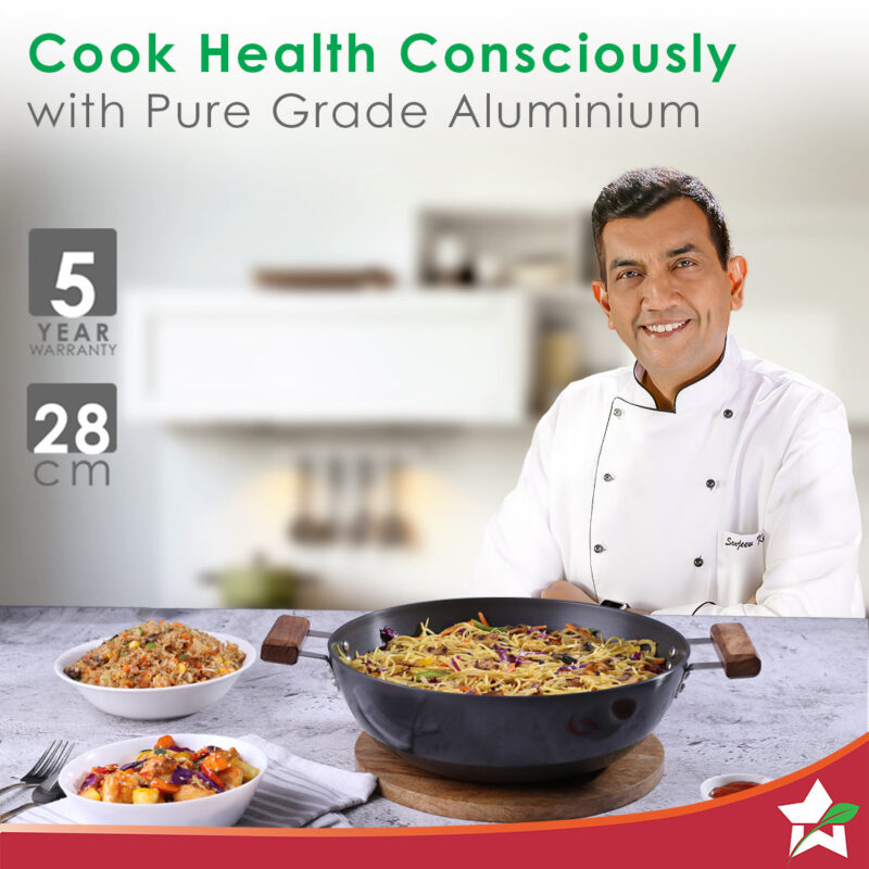 Ebony Hard Anodized 28 cm Wok with Lid | 4.5 Litre | Ideal for Biryani, Pulao| Black / Brown