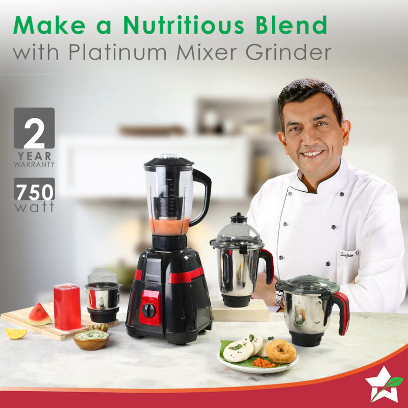 Platinum Mixer Grinder 750W with 4 Stainless Steel Jars And Anti-Rust Stainless Steel Blades, Ergonomic Handles, 5 Years Warranty On Motor, Black & Crimson