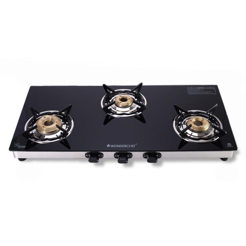 Duralife Slim Glass Cooktop 3 Burner | Heavy Duty Pan Support | Dual Locking System | Easy Grip Sleek Knobs | Brass Burner | Round Stainless Steel Drip Tray | 2 Years Warranty on Glass and Product - Image 7