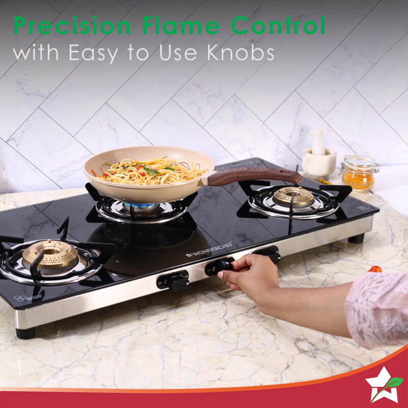 Duralife Slim Glass Cooktop 3 Burner | Heavy Duty Pan Support | Dual Locking System | Easy Grip Sleek Knobs | Brass Burner | Round Stainless Steel Drip Tray | 2 Years Warranty on Glass and Product - Image 4