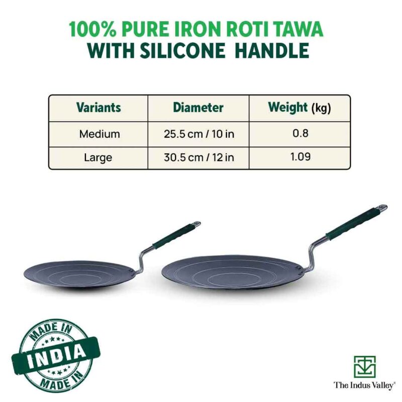 100% Pure Sheet Iron Tawa, Concave, Toxin-free, Seasoned, Silicone Handle,25.5cm/30.5cm - Image 3