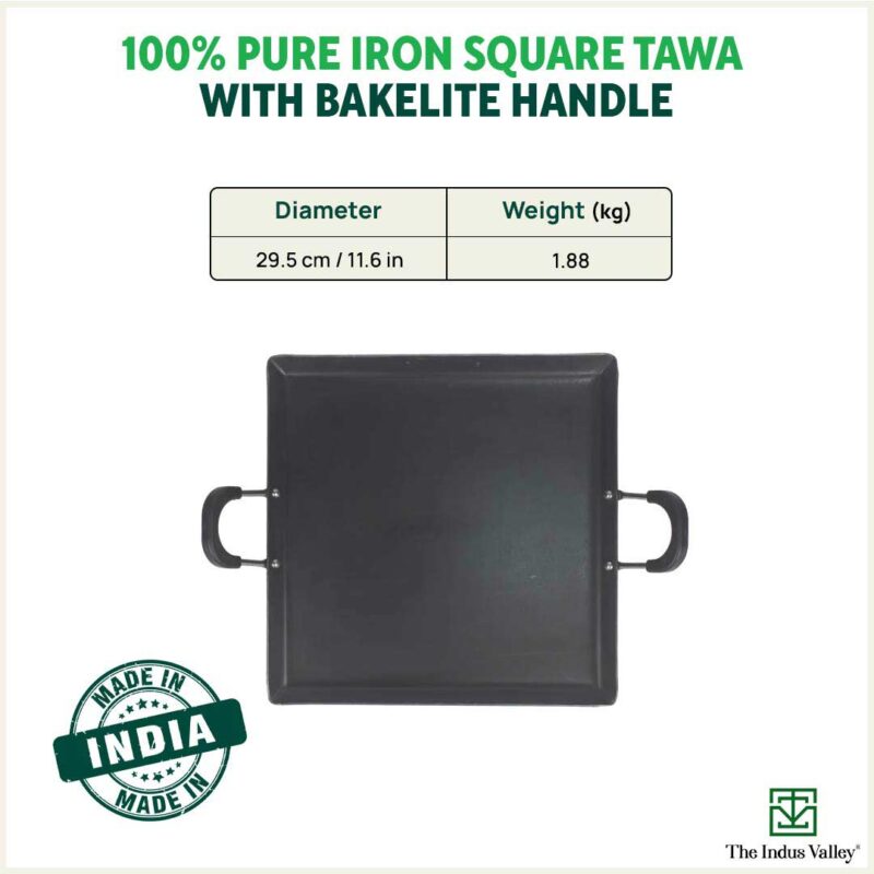 100% Pure Sheet Iron Tawa, Square, Cool Bakelite Handle, Seasoned, Toxin-free, Induction, 29.5cm, 1.88kg - Image 2
