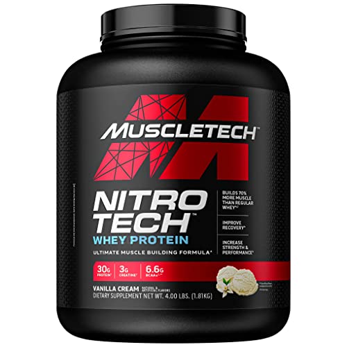 MuscleTech Performance Series Nitro Tech|30g Protein & 2g Sugar |With Creatine Monohydrate, BCAA & Glutamine & Precursors |For Lean Muscle Gain |Protein Powder for Women & Men|4 lbs (1.81 Kg) |Vanilla