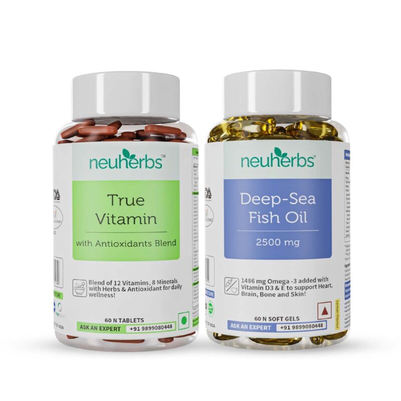 Neuherbs Daily Vitamin Supplement Combo- Multivitamin with zinc, Iodine and vitamin c + Omega-3 Fish Oil Capsules (Deep sea fish oil 2500 mg) : 60 Units each