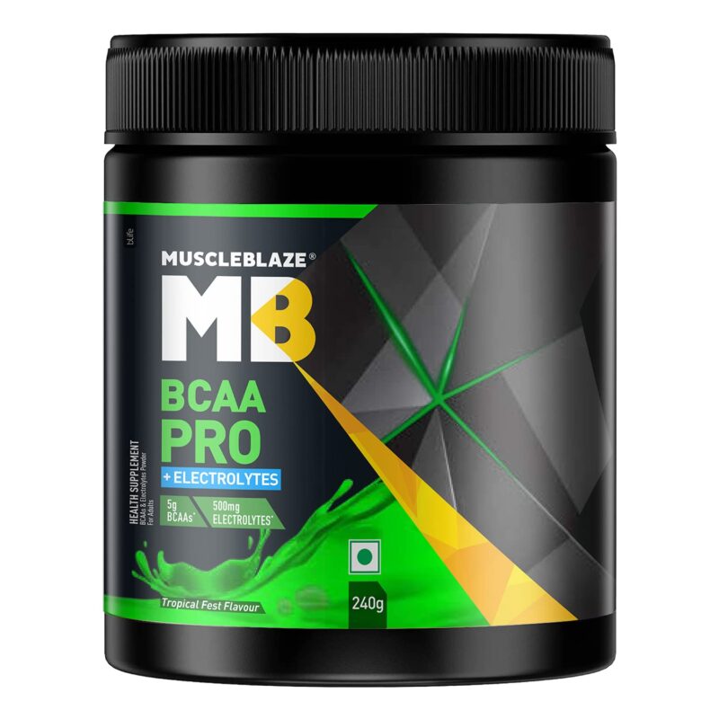 MuscleBlaze BCAA Pro, Powerful Intra Workout with 5 g Vegan BCAAs & 500 mg Electrolytes (Tropical Fest, 240 g, 30 Servings)