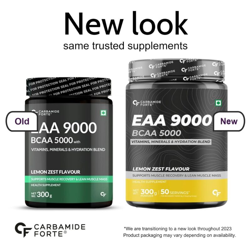 Carbamide Forte EAA 9000mg Supplement with BCAA 5000mg | EAA Supplement for Men & Women with Hydration Blend & Vitamins - Lemon Zest Flavour - 50 Servings - 300g Powder - Image 2