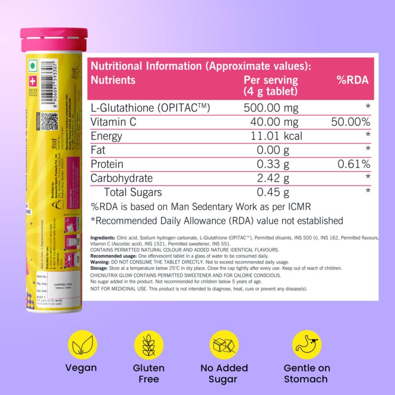 Chicnutrix Glow- 20 Effervescent Tablets| Japanese Glutathione & Vit. C| Antioxidants for clear, glowing skin| Sugar-free, Strawberry-lemon flavour - Image 2